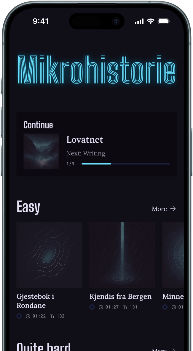 Mikrohistorie app main screen